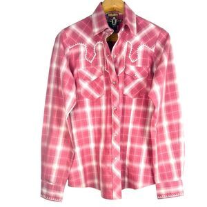 Life Style Embroider Classic Western Pink and White Button Down Shirt Size: L